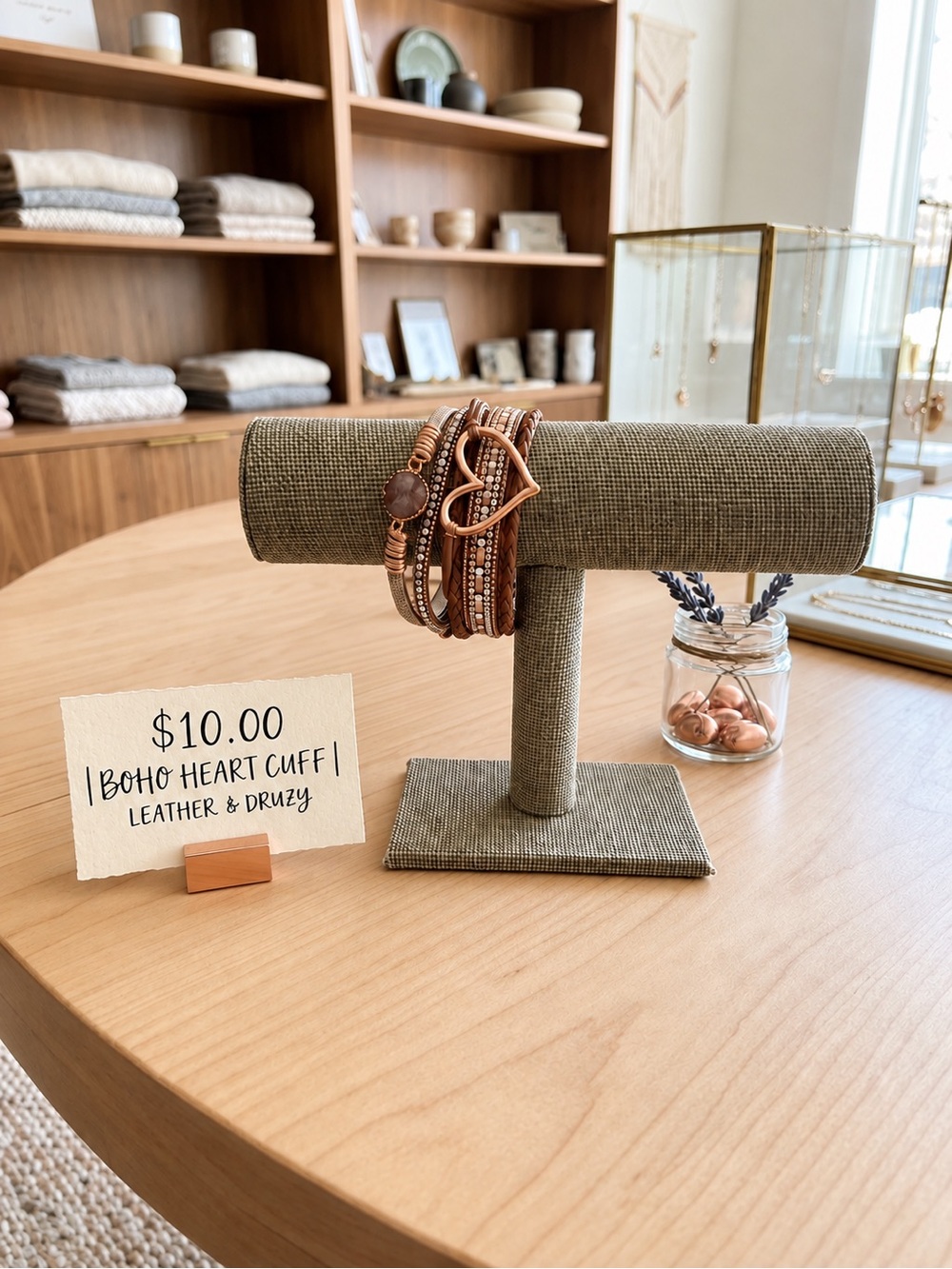 Boho Rose-Gold Heart Cuff Bracelet - Brown Leather with Druzy Accent